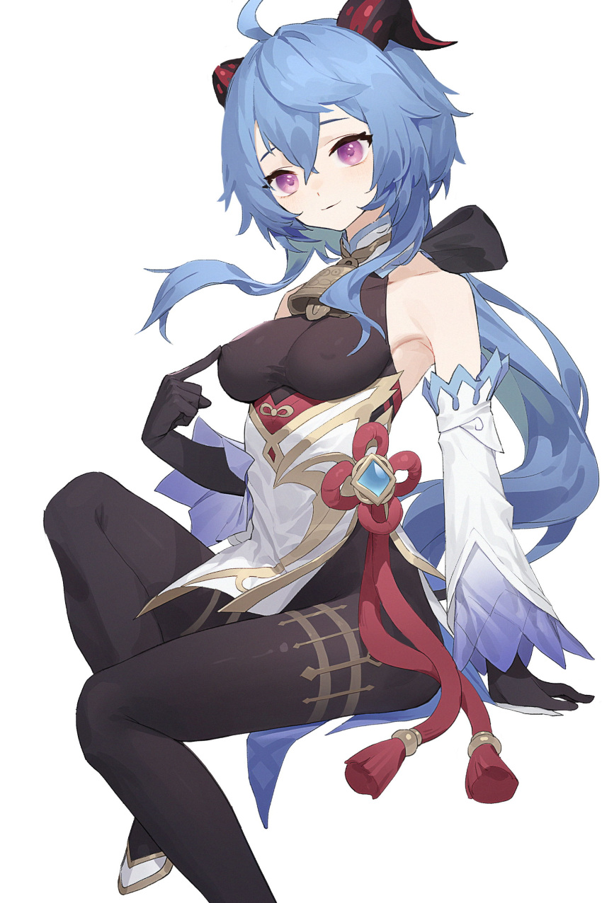 1girl absurdres armpits bare_shoulders bell black_legwear blue_hair bow breasts covered_nipples cowbell detached_sleeves ganyu_(genshin_impact) genshin_impact gloves goat_horns gua61 hair_bow highres horns looking_at_viewer low_ponytail medium_breasts pointing pointing_at_self simple_background sitting smile violet_eyes white_background