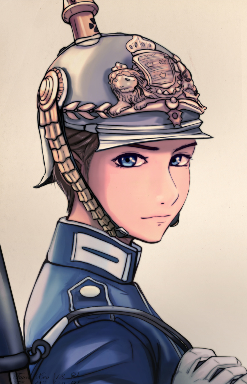 blue_eyes blue_jacket brown_hair collar collared_jacket commentary custodian_helmet fuura gloves guard hair_up helmet highres jacket lion looking_at_viewer looking_to_the_side original shoulder_strap simple_background strap swedish_uniform tre_kronor weapon weapon_on_back white_gloves