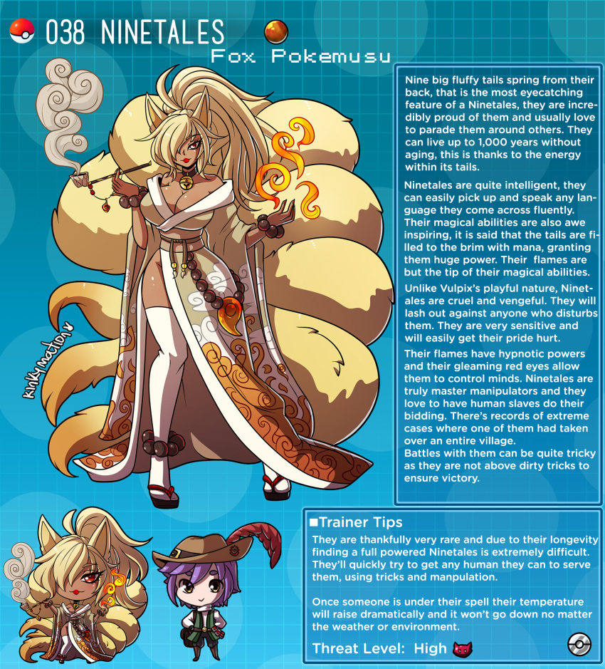 1boy 1girl animal_ears artist_name beads bell bell_collar blonde_hair breasts collar dark_skin dark-skinned_female english_commentary fox_ears fox_tail gen_1_pokemon geta hat highres hitodama japanese_clothes kimono kinkymation kitsune large_breasts lipstick magatama makeup ninetales obi one_eye_covered personification pipe pokemon prayer_beads purple_hair red_eyes red_lipstick sash smoke tail thigh-highs white_legwear