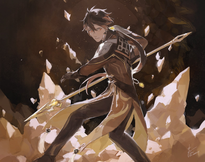 1boy bangs black_gloves carm_(ruoyeahs) closed_mouth dated genshin_impact gloves hair_between_eyes highres holding holding_weapon jacket jewelry long_hair long_sleeves male_focus orange_eyes pants polearm ponytail rock signature single_earring solo spear twitter_username weapon zhongli_(genshin_impact)