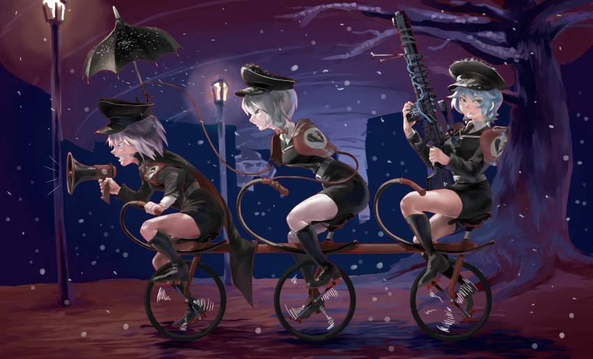 3girls absurdres angry armor bangs bicycle bipod bird black_cape black_coat black_footwear black_headwear black_skirt boots bow braid broken_heart_print cape chicken clenched_teeth closed_mouth coat collared_shirt commentary_request cookie_(touhou) ein_(cookie) full_body geru_futota green_bow green_eyes ground_vehicle gun hair_between_eyes hair_bow hat highres holding holding_gun holding_umbrella holding_weapon izayoi_sakuya lamppost light_blue_hair long_sleeves looking_at_another looking_at_viewer looking_to_the_side megaphone miniskirt multiple_girls nicoseiga36731666 pauldrons peaked_cap purple_hair red_bow red_cape remilia_scarlet rifle shirt short_hair shoulder_armor silver_hair single_braid sitting skirt sniper_rifle snow snowing tandem_bicycle teeth tentacles touhou tree twin_braids two-sided_cape two-sided_fabric umbrella violet_eyes weapon white_shirt wing_collar zwei_(cookie)