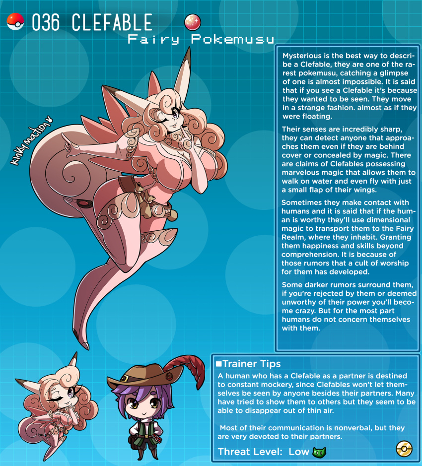 1boy 1girl animal_ears artist_name belt belt_pouch boots breasts clefable curly_hair curvy english_commentary english_text finger_to_own_chin gen_1_pokemon gloves highres kinkymation large_breasts personification pink_eyes pink_hair pokemon pouch profile purple_hair tail thigh-highs thigh_boots wings