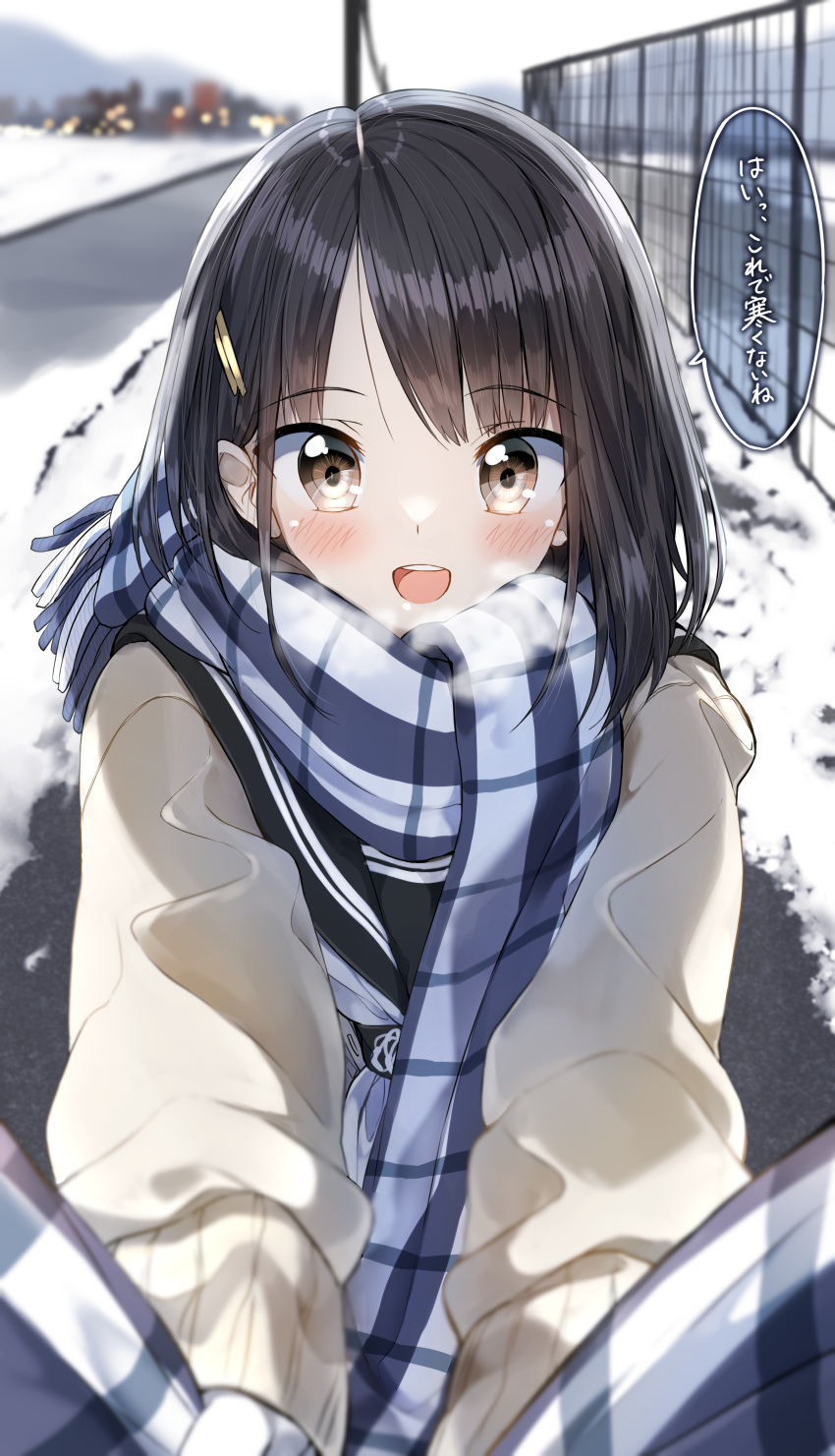 1girl :d absurdres bangs black_hair black_sailor_collar blue_neckwear blue_scarf blurry blurry_background blush brown_eyes brown_jacket commentary_request day depth_of_field eyebrows_visible_through_hair gloves hair_ornament hairclip highres jacket long_hair long_sleeves looking_at_viewer neckerchief open_mouth original outdoors pentagon_(railgun_ky1206) plaid plaid_scarf pov puffy_long_sleeves puffy_sleeves round_teeth sailor_collar scarf school_uniform serafuku smile snow solo teeth translated upper_body upper_teeth white_gloves