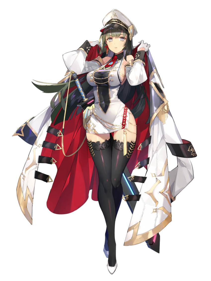 1girl artist_request black_legwear blue_eyes breasts covered_navel crossed_ankles detached_sleeves dress final_gear flavia_(final_gear) full_body gloves green_hair hat highres jacket jacket_on_shoulders large_breasts long_hair military military_uniform official_art parted_lips peaked_cap short_dress side_slit simple_background sleeveless sleeveless_dress solo standing thigh-highs transparent_background uniform very_long_hair white_gloves zettai_ryouiki