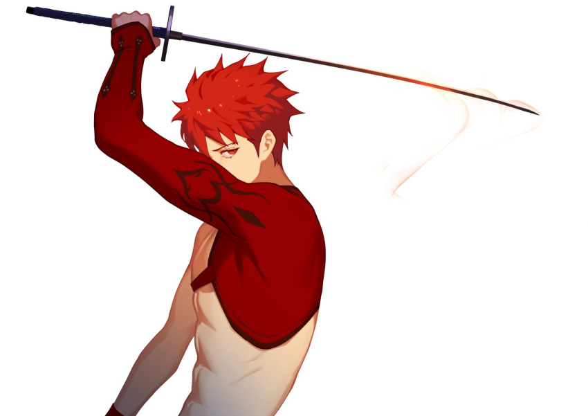 1boy emiya_shirou fate/grand_order fate_(series) from_side holding holding_sword holding_weapon igote katana limited/zero_over looking_at_viewer male_focus orange_eyes pisu pose redhead sengo_muramasa_(fate) simple_background solo sword upper_body weapon white_background wristband