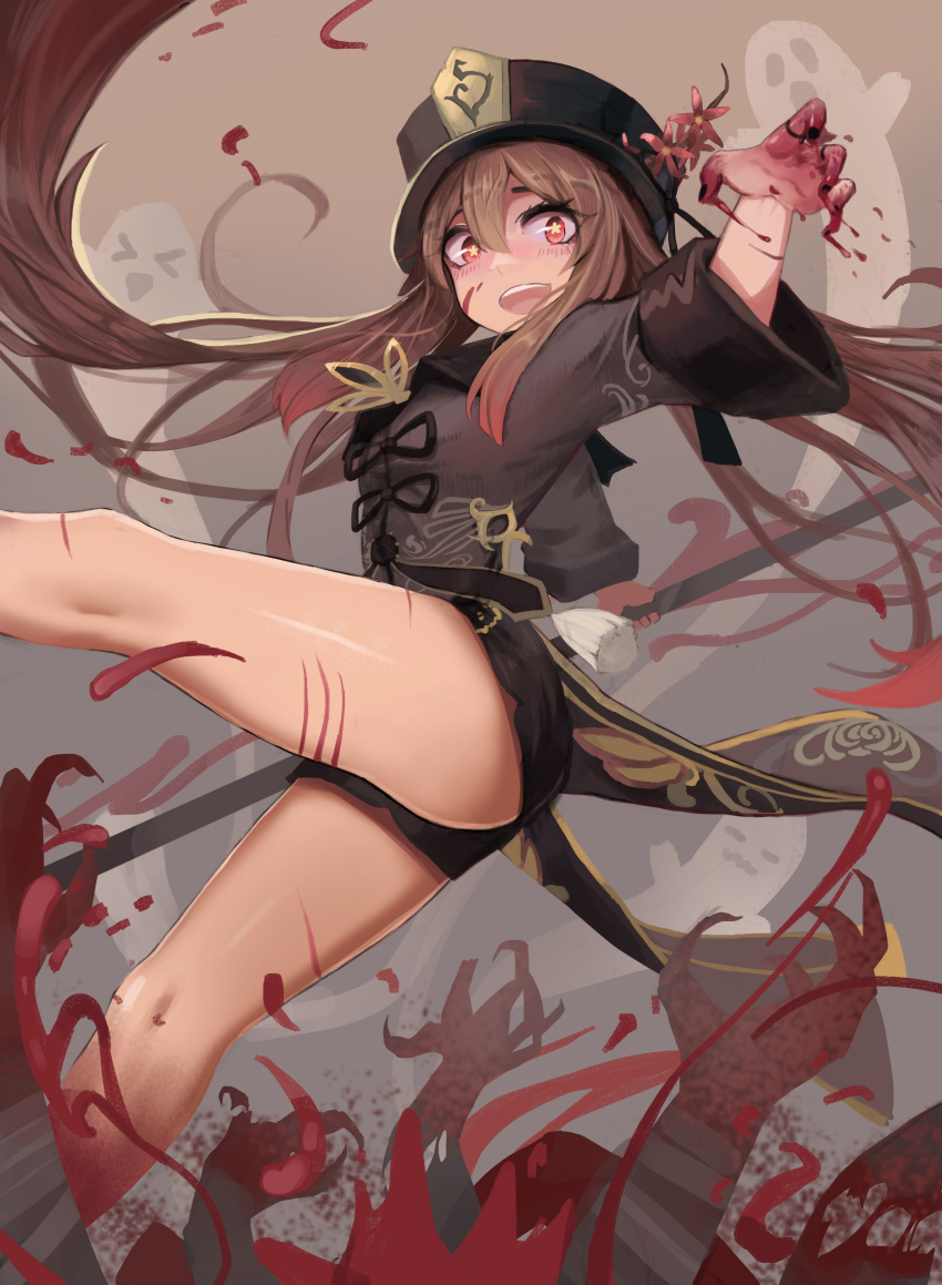 1girl absurdres blood blush brown_hair genshin_impact hat highres holding holding_weapon hu_tao_(genshin_impact) legs long_hair long_sleeves open_mouth polearm red_eyes scar scratches short_shorts shorts smile solo symbol-shaped_pupils tailcoat weapon