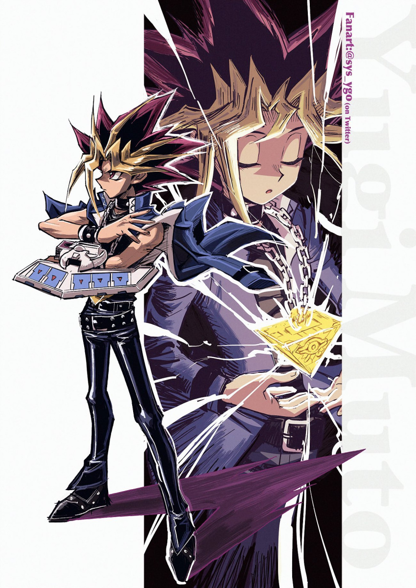 2boys :o artist_name bangs belt belt_collar black_footwear black_pants blonde_hair blue_jacket card chain closed_eyes collar commentary_request duel_disk highres jacket jewelry male_focus millennium_puzzle multicolored_hair multiple_boys mutou_yuugi necklace pants school_uniform shirt shoes soya_(sys_ygo) spiky_hair standing yami_yuugi yu-gi-oh! yu-gi-oh!_duel_monsters