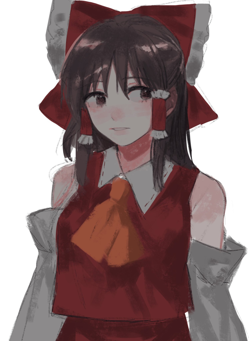 1girl ascot bare_shoulders bow brown_eyes brown_hair detached_sleeves expressionless eyebrows_visible_through_hair gotagotay hair_between_eyes hair_bow hair_tubes hakurei_reimu highres long_hair looking_to_the_side orange_neckwear parted_lips red_bow red_skirt red_vest sidelocks simple_background skirt skirt_set solo touhou upper_body vest white_background white_sleeves