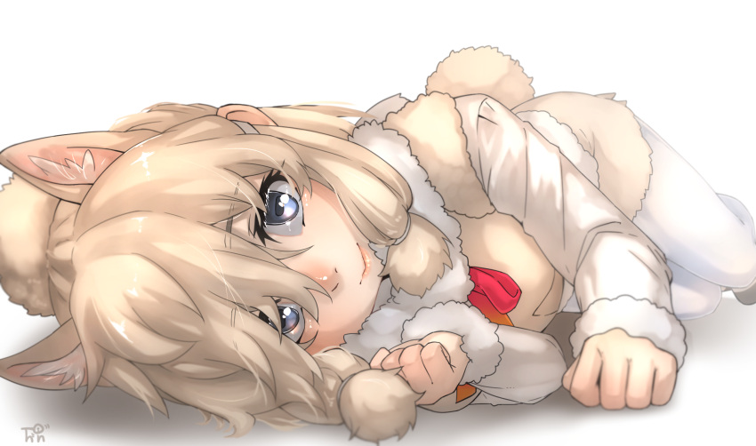 1girl alpaca_ears alpaca_suri_(kemono_friends) alpaca_tail animal_ear_fluff animal_ears beige_vest blonde_hair blue_eyes commentary extra_ears eyebrows_visible_through_hair fur-trimmed_sleeves fur_collar fur_trim highres horizontal_pupils kemono_friends long_sleeves looking_at_viewer lying medium_hair on_side pantyhose shirt simple_background solo tail thin_(suzuneya) white_background white_legwear white_shirt