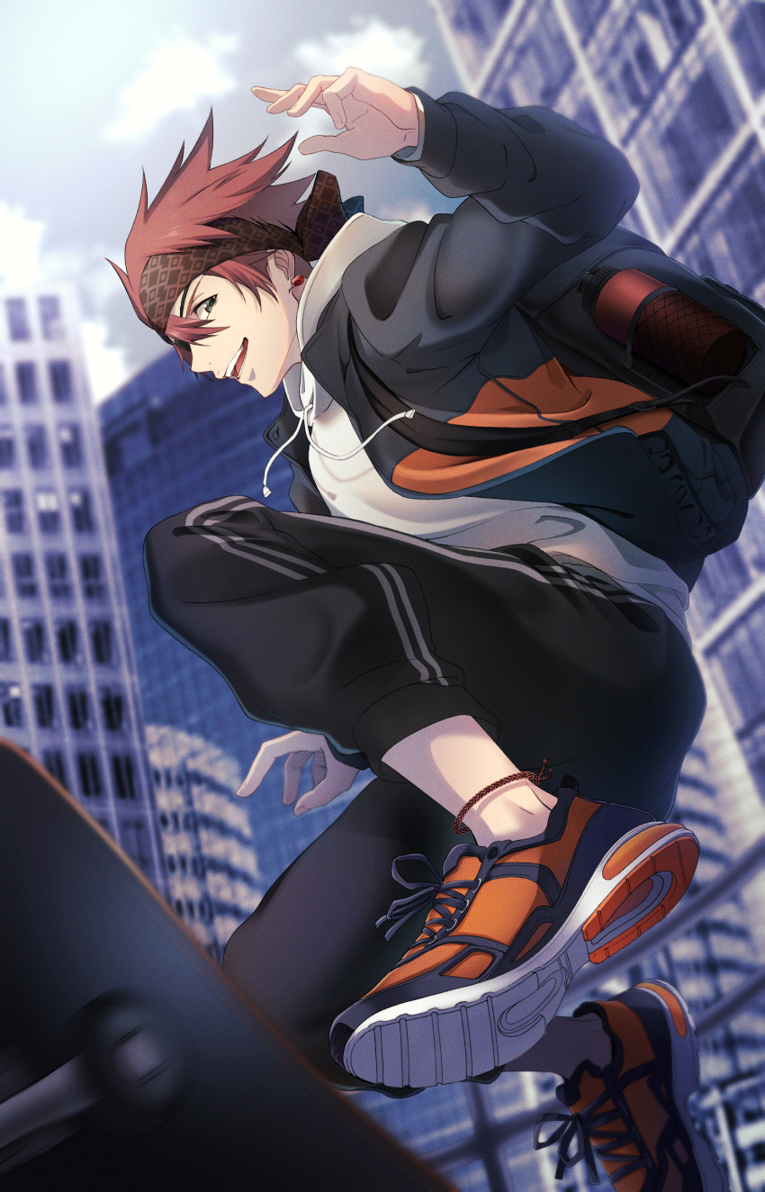 1boy :d absurdres bangs black_jacket black_pants blurry blurry_background brown_eyes brown_headband building clouds cloudy_sky d.gray-man day earrings from_below hair_between_eyes highres jacket jewelry lavi long_sleeves looking_at_viewer male_focus noan open_clothes open_jacket open_mouth orange_footwear outdoors pants redhead shoes short_hair skateboarding sky smile sneakers solo spiky_hair sweater white_sweater
