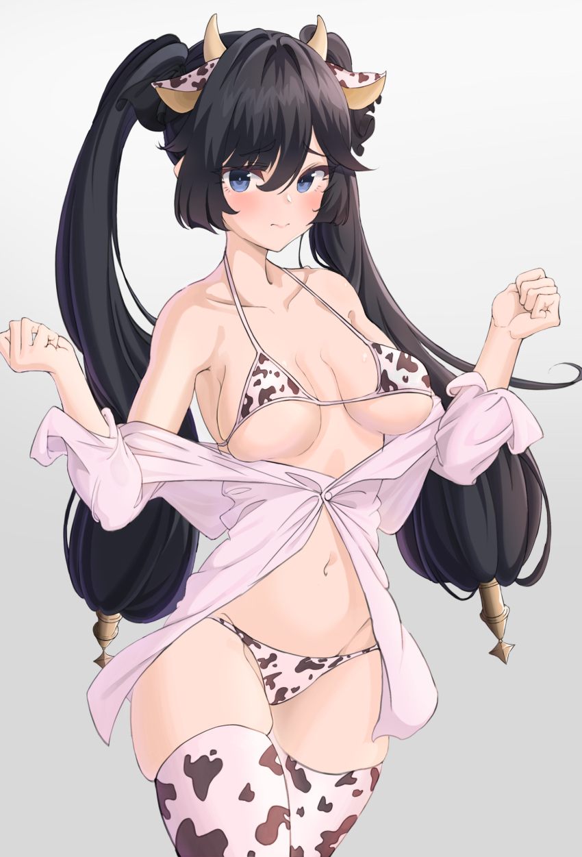 #compass 1girl 3: animal_ears animal_print bare_shoulders bikini black_hair blue_eyes breasts breasts_apart closed_mouth collarbone cow_ears cow_girl cow_horns cow_print cowboy_shot genshin_impact gradient gradient_background highres horns kemonomimi_mode long_sleeves looking_at_viewer medium_breasts mona_(genshin_impact) navel o-los off_shoulder open_clothes open_shirt pink_shirt print_bikini print_legwear revision shirt solo stomach swimsuit twintails under_boob w_arms