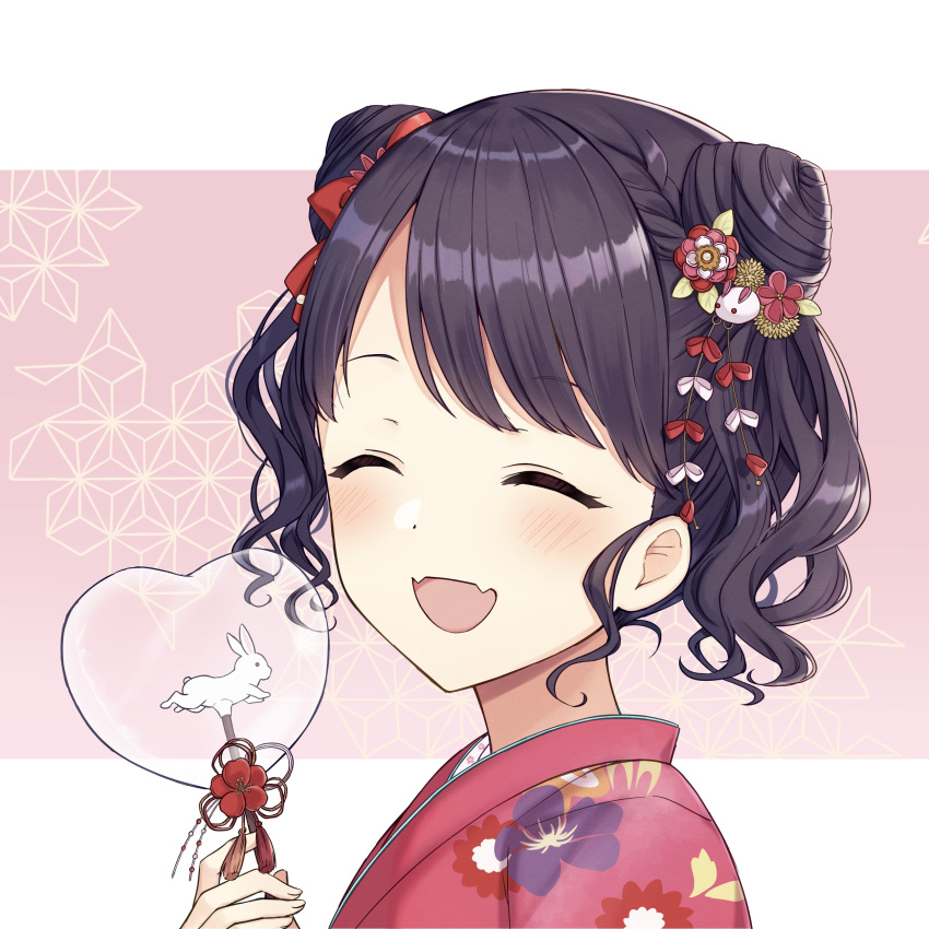 1girl :d ^_^ absurdres bangs black_hair blush closed_eyes eyebrows_visible_through_hair facing_viewer fangs floral_print from_side fukumaru_koito hair_ornament hand_up heart highres holding idolmaster idolmaster_shiny_colors japanese_clothes kimono mochiko_(uyu_omochi) open_mouth pink_background print_kimono red_kimono smile solo swept_bangs transparent two-tone_background upper_body white_background