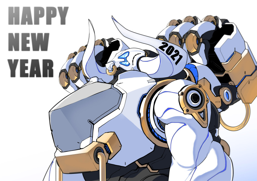 2021 absurdres blue_eyes chinese_zodiac extra_eyes happy_new_year highres horns korean_commentary looking_up mecha new_year no_humans nose_piercing nose_ring original piercing science_fiction solo tajyador upper_body year_of_the_ox