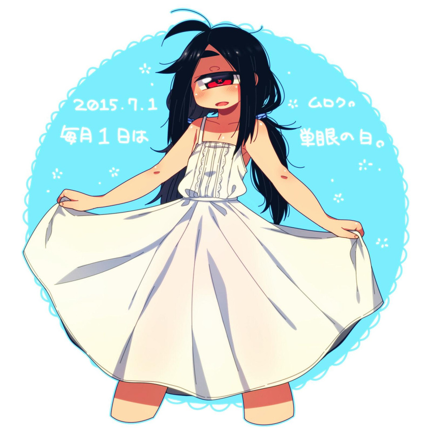 1girl :d ahoge bare_arms black_hair blue_background blue_outline blush cropped_legs cyclops dated dress highres long_hair looking_at_viewer low_twintails muku-chan_(muroku) muroku_(aimichiyo0526) one-eyed open_mouth original outline signature skirt_hold smile solo spaghetti_strap standing sundress translated twintails white_dress x_x