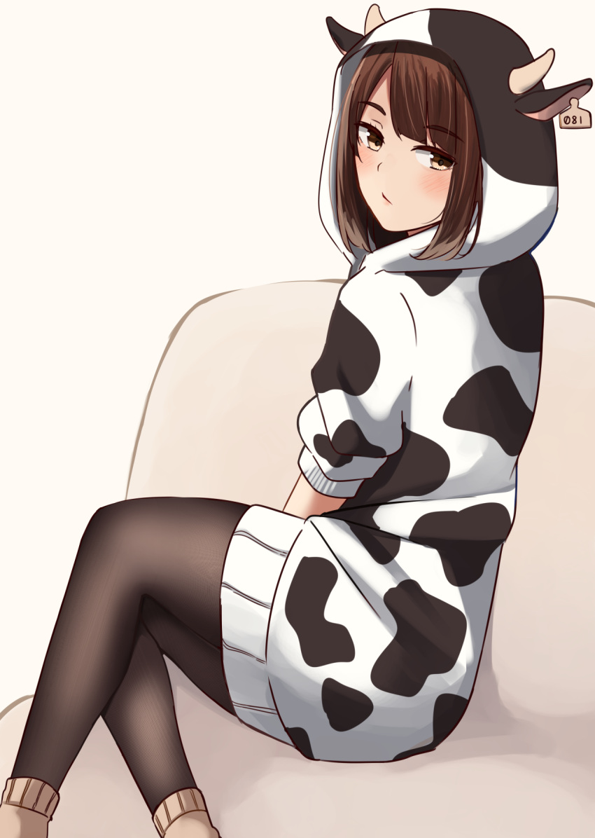 1girl animal_costume animal_ears bangs black_legwear blush brown_background brown_eyes brown_hair brown_legwear closed_mouth commentary_request cow_costume cow_ears cow_hood cow_horns ear_tag eyebrows_visible_through_hair fake_animal_ears fake_horns feet_out_of_frame highres horns kapatarou looking_at_viewer looking_back original pantyhose short_sleeves simple_background sitting socks socks_over_pantyhose solo