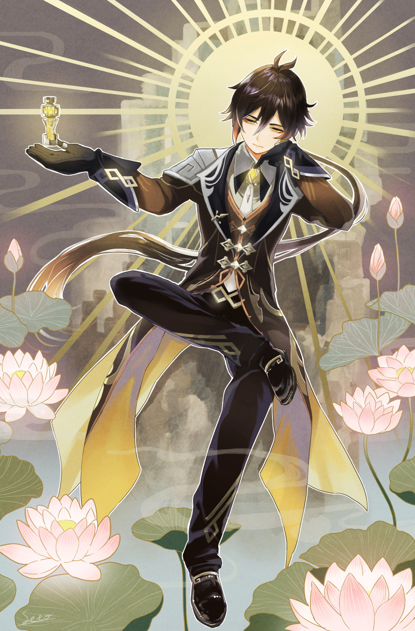 1boy absurdres bangs black_gloves black_hair brown_hair closed_mouth collar crossed_legs earrings floating floating_object flower formal genshin_impact gloves gnosis_(genshin_impact) hair_between_eyes hand_on_own_cheek hand_on_own_face highres jacket jewelry lily_pad long_hair long_pants long_sleeves lotus male_focus multicolored_hair pants ponytail ring setoko shoes single_earring solo suit yellow_eyes zhongli_(genshin_impact)