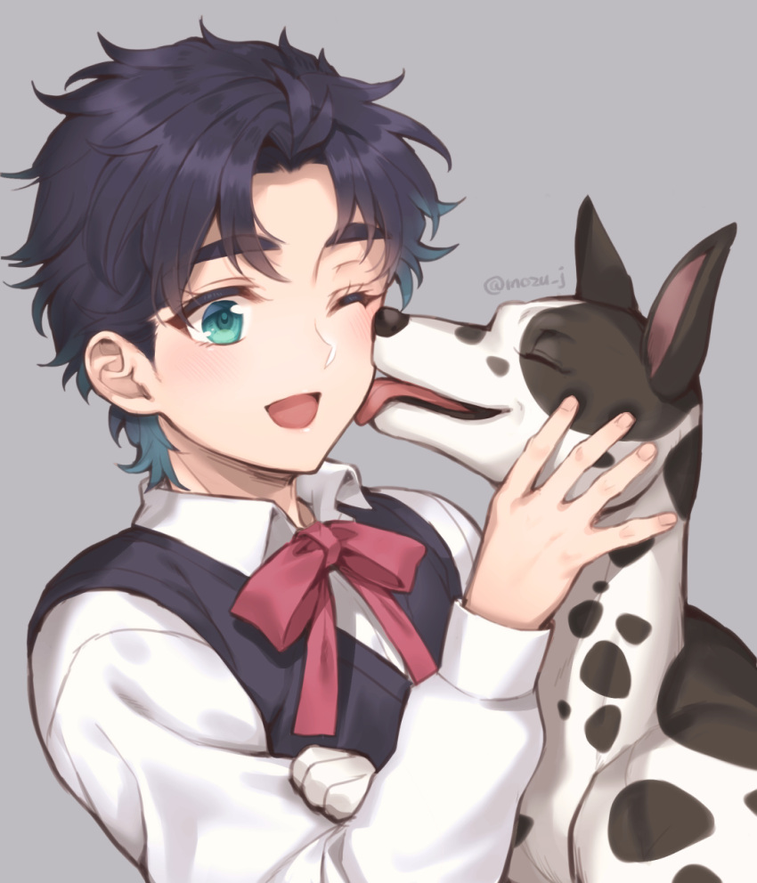 1boy ;d animal artist_name blue_eyes blue_hair blue_vest bow bowtie cheek_licking commentary_request danny_(jojo) dog face_licking great_dane grey_background happy highres jojo_no_kimyou_na_bouken jonathan_joestar licking long_sleeves male_focus nerune_j one_eye_closed open_mouth petting phantom_blood red_neckwear shirt short_hair simple_background smile spotted_fur twitter_username upper_body vest white_shirt younger