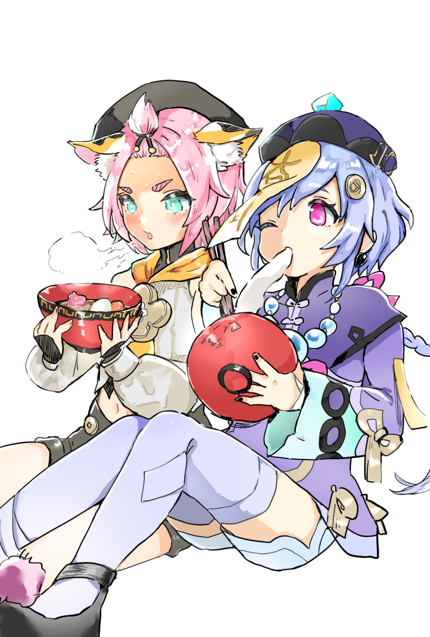 2girls animal_ear_fluff animal_ears bangs bare_shoulders bead_necklace beads belt blush bowl braid cat_ears chopsticks coin coin_hair_ornament diona_(genshin_impact) eating food_request genshin_impact green_eyes hair_between_eyes hat highres holding holding_bowl jewelry long_sleeves massuruneko multiple_girls necklace one_eye_closed open_mouth pink_hair purple_hair purple_headwear qing_guanmao qiqi shorts sitting sleeves_past_wrists steam talisman thick_eyebrows thigh-highs tied_hair violet_eyes white_legwear wide_sleeves