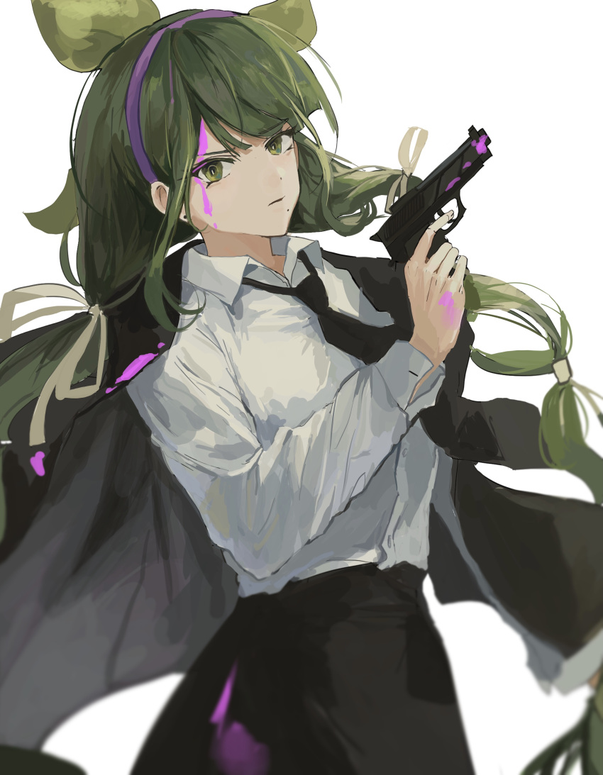 1girl absurdres alternate_costume bangs black_jacket black_neckwear black_skirt blood bloody_clothes bloody_hands chabashira_tenko closed_mouth collared_shirt commentary_request cowboy_shot dangan_ronpa_(series) dangan_ronpa_v3:_killing_harmony green_hair grey_background gun hair_ornament hairband handgun highres holding holding_gun holding_weapon jacket jacket_on_shoulders long_hair long_sleeves looking_at_viewer necktie null_(skev7724) pink_blood pink_hairband shirt shirt_tucked_in simple_background skirt smile solo weapon white_shirt