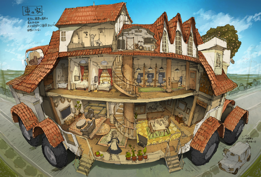 bed building car carpet clouds cross-section demizu_posuka fisheye ground_vehicle house indoors kitchen lamp maid motor_vehicle original plant road rooftop scenery shelf stairs street television translation_request tree wheel window