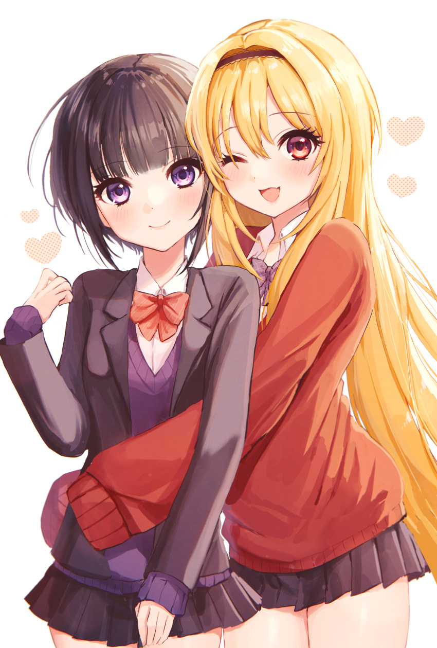 2girls absurdres bangs black_hair black_hairband black_jacket black_serafuku blazer blonde_hair blunt_bangs bob_cut bow bowtie commentary_request diagonal-striped_neckwear diagonal_stripes fang hairband heart highres hug huge_filesize idolmaster idolmaster_cinderella_girls idolmaster_cinderella_girls_starlight_stage jacket kudou_(sikisiki0000) kurosaki_chitose long_hair looking_at_viewer miniskirt multiple_girls one_eye_closed plaid_neckwear pleated_skirt purple_sweater red_sweater school_uniform serafuku shirayuki_chiyo shirt short_hair skin_fang skirt sleeves_past_fingers sleeves_past_wrists striped striped_neckwear sweater sweater_under_jacket velvet_rose_(idolmaster) violet_eyes white_background white_shirt