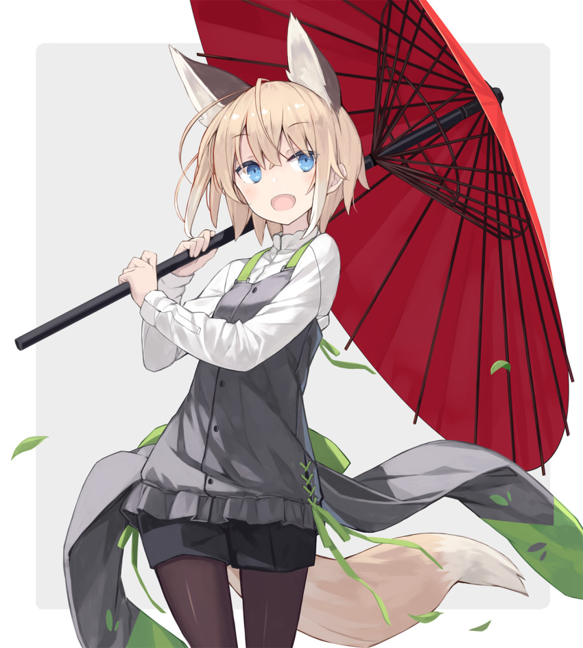 1girl :d animal_ears bangs black_shorts blue_eyes brown_hair brown_legwear commentary_request eyebrows_visible_through_hair fang fox_ears fox_girl fox_tail frills grey_background hair_between_eyes highres holding holding_umbrella legwear_under_shorts long_sleeves oil-paper_umbrella open_mouth original pantyhose poco_(asahi_age) red_umbrella shirt short_shorts shorts smile solo standing tail two-tone_background umbrella white_background white_shirt