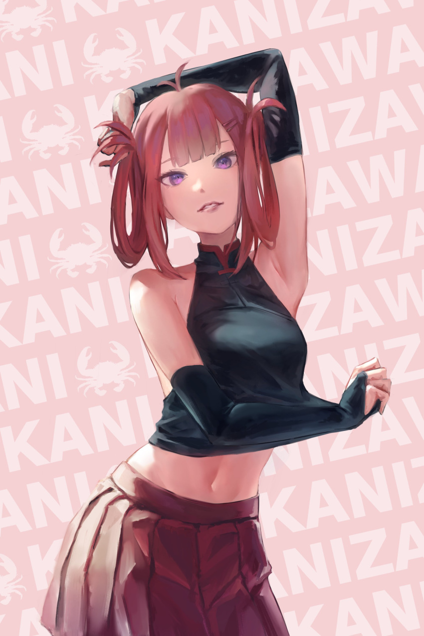 1girl absurdres atelier_live bangs breasts character_name crop_top elbow_gloves fingerless_gloves gloves hair_rings highres kani_kanizawa leaning_to_the_side looking_at_viewer mr.holmes navel parted_lips red_skirt redhead skirt small_breasts smile solo violet_eyes virtual_youtuber