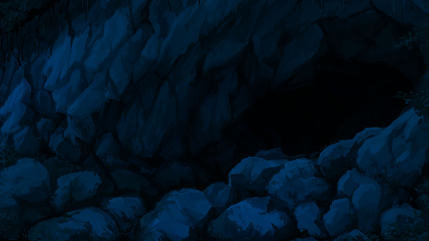 blue_theme cave commentary_request highres kajiji moss nature night no_humans original outdoors plant rock roots scenery