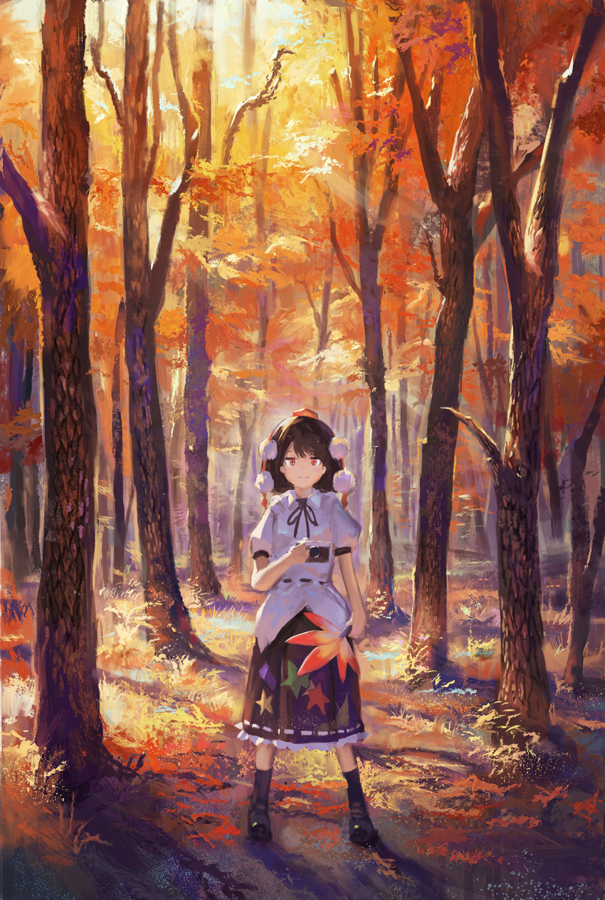 1girl autumn black_footwear black_neckwear black_ribbon black_skirt boots breasts brown_hair camera closed_mouth day eyebrows_visible_through_hair fan fjsmu forest full_body hat hauchiwa highres holding holding_camera holding_fan jitome looking_at_viewer nature neck_ribbon outdoors petticoat pom_pom_(clothes) puffy_short_sleeves puffy_sleeves red_eyes red_headwear ribbon shameimaru_aya shirt short_hair short_sleeves skirt small_breasts smile solo standing star_(symbol) star_print sunlight tokin_hat touhou tree white_shirt