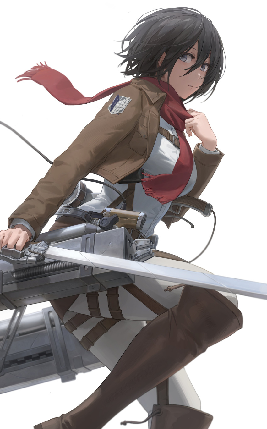 1girl absurdres bangs black_hair blue_eyes boots breasts brown_footwear brown_jacket commentary cropped_jacket emblem free_style_(yohan1754) from_side hair_between_eyes highres holding holding_sword holding_weapon jacket knee_boots long_sleeves looking_at_viewer looking_to_the_side medium_breasts mikasa_ackerman military military_uniform open_clothes open_jacket pants paradis_military_uniform parted_lips red_scarf scarf shingeki_no_kyojin shirt short_hair simple_background solo sword thigh_strap three-dimensional_maneuver_gear uniform weapon white_background white_pants white_shirt