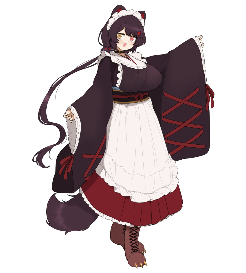 1girl :3 :d animal_ears animal_hair_ornament apron bangs black_collar boots breasts brown_footwear cat_hair_ornament collar commentary cross-laced_footwear dog_ears dog_girl eyebrows_visible_through_hair fingernails flower full_body hair_flower hair_ornament heterochromia highres inui_toko japanese_clothes lace-up_boots large_breasts lewis long_hair long_sleeves maid_headdress nijisanji obi open_mouth purple_hair red_eyes red_flower red_ribbon ribbon sash simple_background sleeves_past_wrists smile solo very_long_hair virtual_youtuber wa_maid white_apron white_background wide_sleeves yellow_eyes