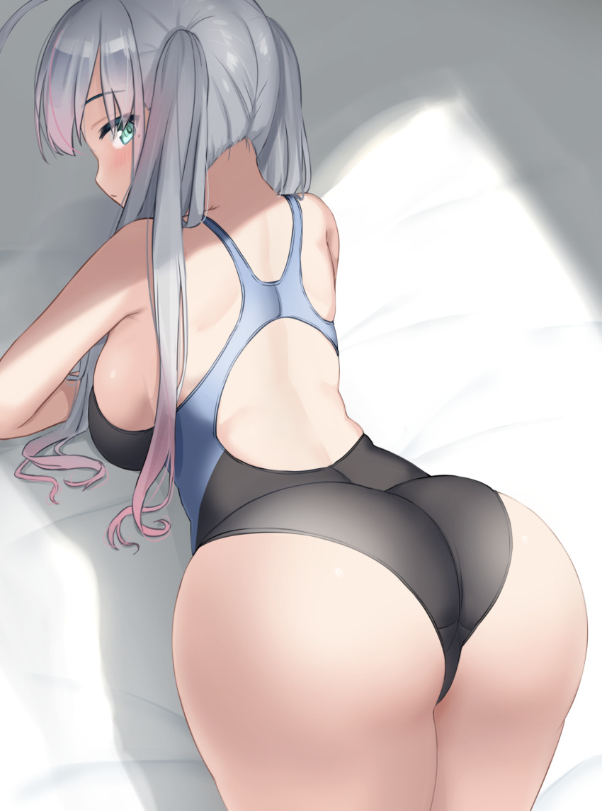 1girl ass blue_eyes competition_swimsuit cowboy_shot from_behind highres kibihimi leaning_forward long_hair looking_at_viewer one-piece_swimsuit original silver_hair solo standing swimsuit twintails two-tone_swimsuit