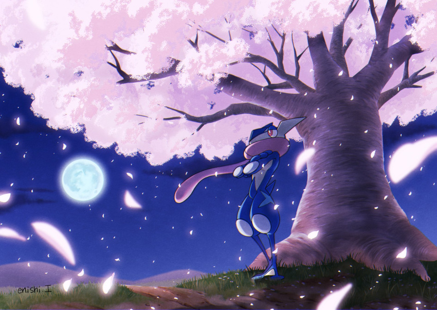 bright_pupils commentary_request crossed_arms enishi_shumi gen_6_pokemon grass greninja highres moon night outdoors petals pink_eyes pokemon pokemon_(creature) sky standing tongue tree