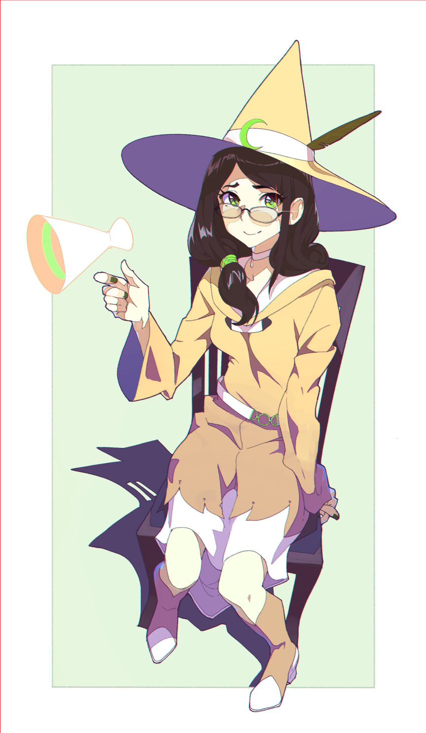 1girl absurdres arm_support belt boots brown_hair chair choker closed_mouth fingernails glasses glint green_eyes green_nails hat high_heel_boots high_heels highres holding hood hood_down hooded_robe kamameshi_gougoumaru little_witch_academia long_sleeves looking_at_viewer magic medium_hair megaphone nail_polish robe sitting smile solo ursula_charistes white_choker witch witch_hat yellow_robe