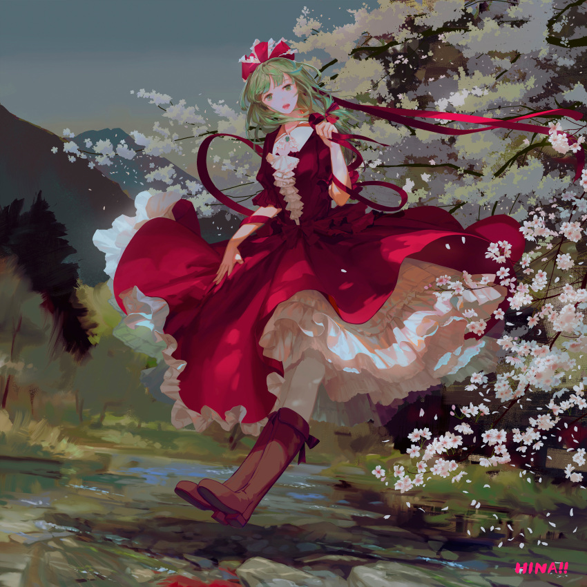 1girl absurdres boots bow brown_footwear cherry_blossoms dress frilled_dress frilled_sleeves frills front_ponytail green_eyes green_hair hair_bow hair_ribbon highres jq kagiyama_hina layered_dress looking_at_viewer nature outdoors puffy_short_sleeves puffy_sleeves red_dress ribbon scenery shoe_soles short_sleeves solo touhou tree water