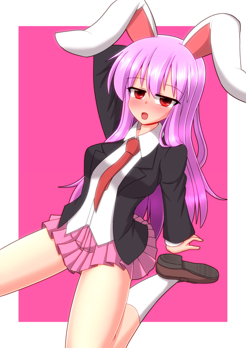 1girl :o animal_ears arm_behind_head arm_up bangs blazer blouse blush breasts brown_footwear collared_blouse damiwi highres jacket large_breasts loafers long_hair long_sleeves looking_at_viewer necktie open_mouth pink_skirt pleated_skirt purple_hair rabbit_ears red_eyes red_neckwear reisen_udongein_inaba shoes simple_background skirt socks solo thighs touhou white_blouse