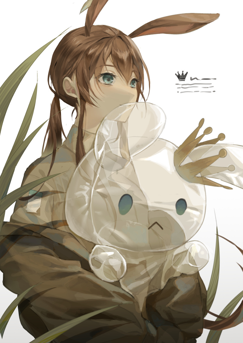 1girl :&lt; absurdres amiya_(arknights) animal_ears arknights balloon balloon_animal bangs blue_eyes breasts brown_coat brown_hair closed_mouth coat eyebrows_visible_through_hair hair_between_eyes highres holding holding_balloon kuiqiu_kq light_smile long_hair looking_afar looking_ahead medium_breasts off_shoulder plant rabbit_ears see-through shirt simple_background solo upper_body white_background white_shirt