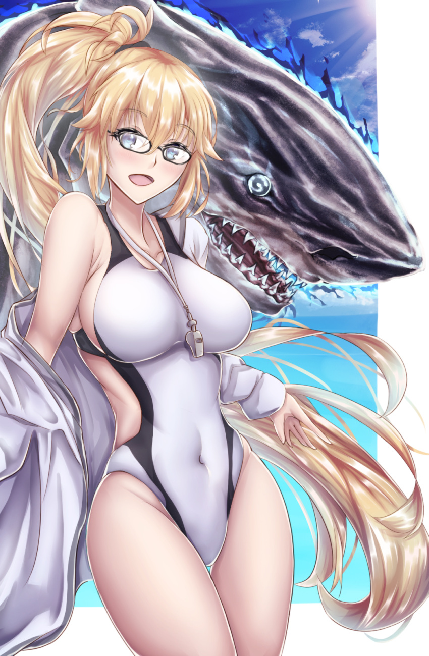1girl black-framed_eyewear blonde_hair blue_eyes blue_sky clouds commentary_request competition_swimsuit covered_navel cowboy_shot day fate/grand_order fate_(series) glasses highres jacket jeanne_d'arc_(fate)_(all) jeanne_d'arc_(swimsuit_archer) light_rays long_hair one-piece_swimsuit outdoors ponytail shark sky sun sunbeam sunlight swimsuit user_ramf2222 whistle whistle_around_neck white_jacket white_swimsuit