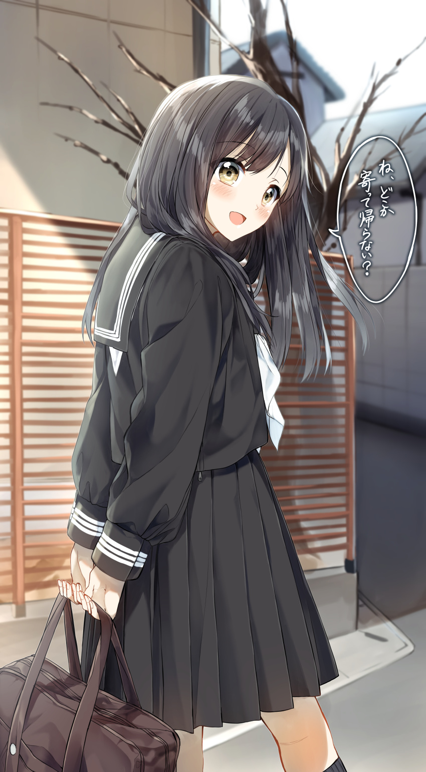 1girl :d absurdres arms_behind_back bag bare_tree black_hair black_legwear black_sailor_collar black_serafuku black_shirt black_skirt blush brown_hair building commentary_request day highres holding holding_bag kneehighs long_hair long_sleeves looking_at_viewer looking_to_the_side open_mouth original outdoors pentagon_(railgun_ky1206) sailor_collar school_bag school_uniform serafuku shirt skirt smile solo translation_request tree walking white_neckwear