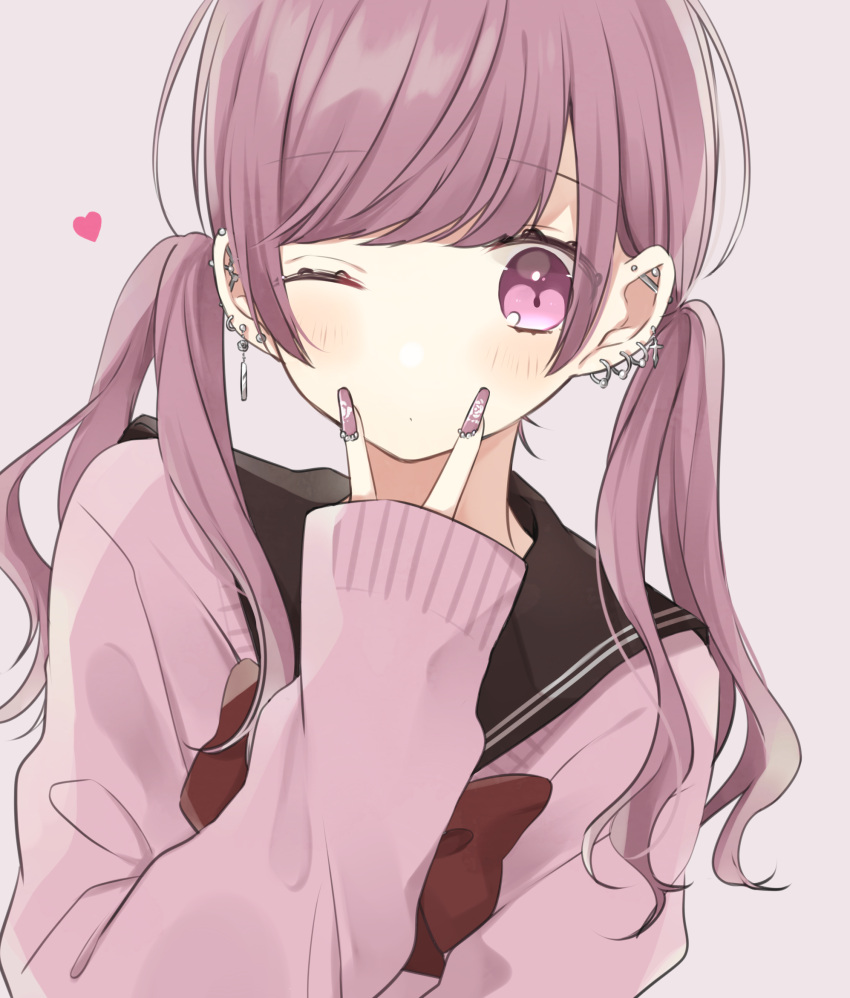1girl bangs black_sailor_collar blush bow brown_background brown_hair brown_nails closed_mouth commentary_request ear_piercing earrings eyebrows_visible_through_hair hachimitsu_honey hand_up heart highres jewelry long_sleeves nail_polish one_eye_closed original piercing pink_sweater red_bow sailor_collar school_uniform serafuku sidelocks simple_background sleeves_past_wrists solo sweater twintails upper_body v_over_mouth violet_eyes