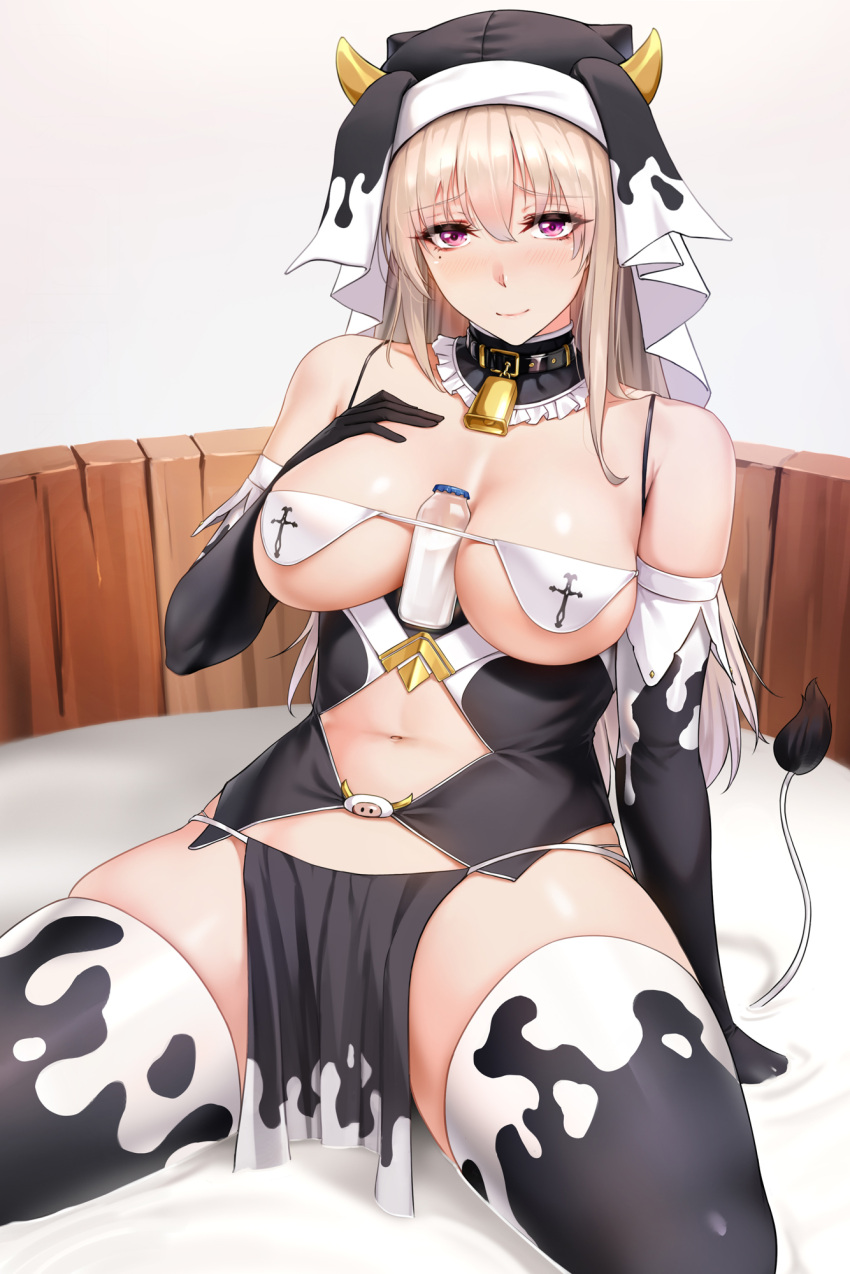 1girl animal_print bangs bell bell_collar bikini blonde_hair blush bottle breasts choker collar cow_girl cow_horns cow_print cow_tail cross elbow_gloves eyebrows_visible_through_hair fake_horns fake_tail frilled_choker frills gloves highres horns large_breasts milk milk_bottle mole mole_under_eye navel nose_blush nun obaoba_(monkeyix) original sidelocks sitting solo swimsuit tail thigh-highs thighs veil violet_eyes wading wariza