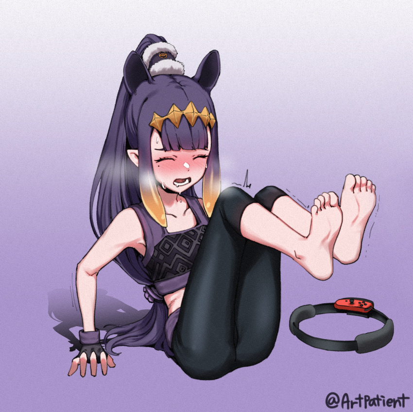 arm_support artist_name artpatient ass bangs barefoot black_gloves black_legwear blunt_bangs blush closed_eyes english_commentary exercise feet fingerless_gloves full_body gloves gradient gradient_background gradient_hair highres hololive hololive_english leggings legs_up long_hair low-tied_long_hair mole mole_under_eye multicolored_hair ninomae_ina'nis open_mouth orange_hair pointy_ears ponytail purple_hair ring_fit_adventure shadow soles sports_bra sweat tentacle_hair trembling virtual_youtuber