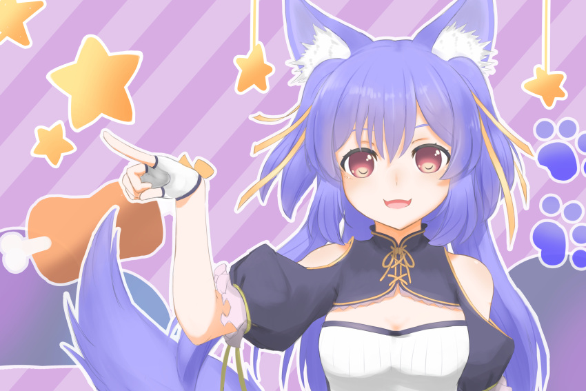 .live 1girl animal_ears breasts commentary_request fang fingerless_gloves food gloves hair_ornament highres kin0_0z long_hair looking_at_viewer meat open_mouth purple_hair rurun_rururica solo star_(symbol) tail virtual_youtuber wolf_ears wolf_tail