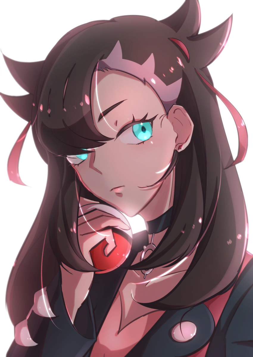 1girl absurdres asymmetrical_hair bangs black_choker black_jacket blue_eyes blush choker chromatic_aberration closed_mouth collarbone commentary_request earrings hair_ribbon hand_up highres holding holding_poke_ball iogi_(iogi_k) jacket jewelry light_blush long_sleeves looking_to_the_side marnie_(pokemon) multicolored_hair open_clothes open_jacket pink_ribbon poke_ball poke_ball_(basic) pokemon pokemon_(game) pokemon_swsh ribbon shiny shiny_hair simple_background solo textless two-tone_hair undercut upper_body white_background