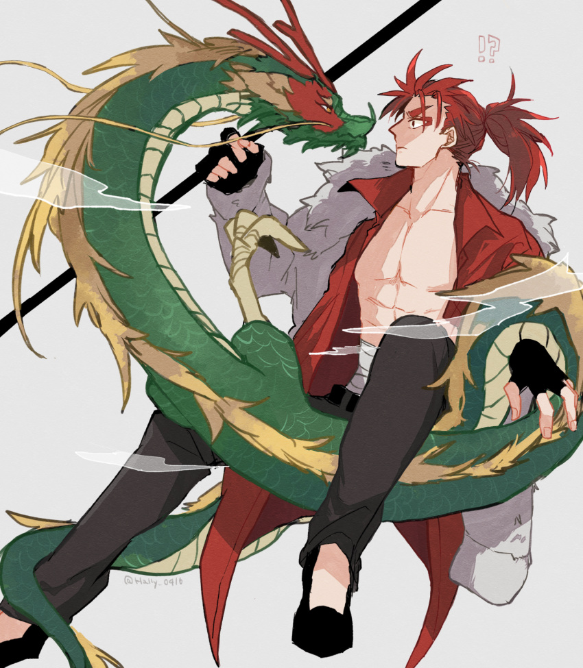 1boy black_gloves black_legwear dragon exposed_muscle fate/grand_order fate_(series) fur-trimmed_jacket fur_trim gloves hally highres holding holding_weapon jacket li_shuwen_(fate/grand_order) looking_at_another makeup open_clothes open_shirt polearm red_shirt redhead shirt spear surprised weapon