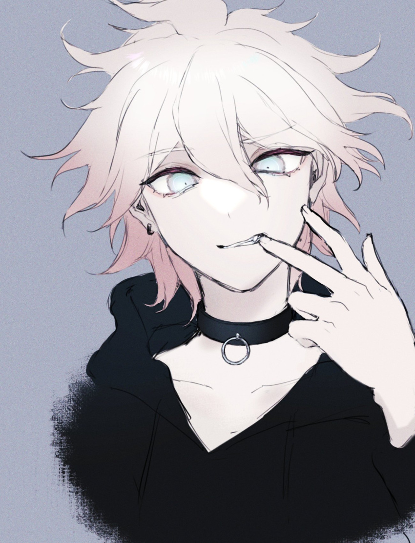 1boy alternate_costume amido_(compassion273) bangs black_choker black_hoodie blue_eyes choker collarbone cropped_torso dangan_ronpa_(series) dangan_ronpa_2:_goodbye_despair earrings fang finger_to_mouth grey_eyes grey_hair hair_between_eyes hand_up highres hood hood_down hoodie jewelry komaeda_nagito long_sleeves looking_at_viewer male_focus messy_hair short_hair simple_background smile solo upper_body