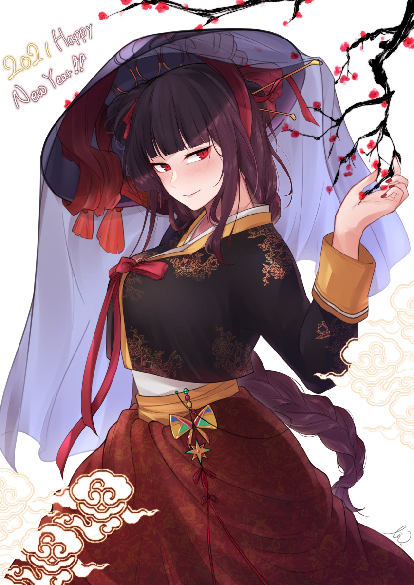 1girl absurdres alternate_costume alternate_hairstyle breasts chinese_clothes closed_mouth girls_frontline hand_up hanfu hat highres large_breasts long_hair looking_at_viewer red_eyes red_ribbon redhead ribbon simple_background smile standing stigmamyu traditional_clothes wa2000_(girls_frontline)