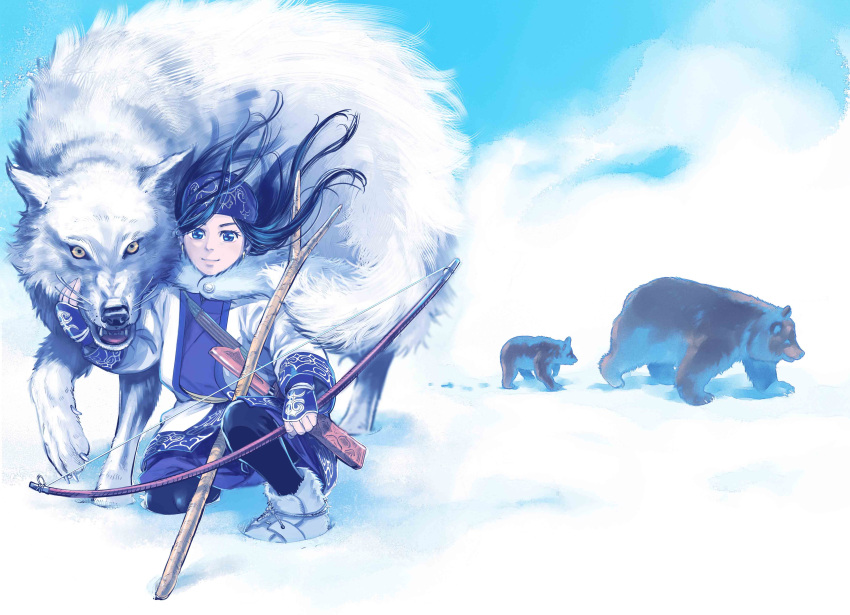 1girl absurdres ainu ainu_clothes animal animal_hug asirpa bandana bear black_hair black_pants blue_bandana blue_eyes blue_sky boots bow_(weapon) cape closed_mouth commentary_request day ear_piercing earrings full_body fur_cape golden_kamuy highres holding holding_weapon hoop_earrings hug jewelry long_hair long_sleeves looking_at_viewer noda_satoru official_art outdoors pants piercing retar sitting sky sly smile snow solo weapon white_cape white_footwear white_wolf wolf yellow_eyes