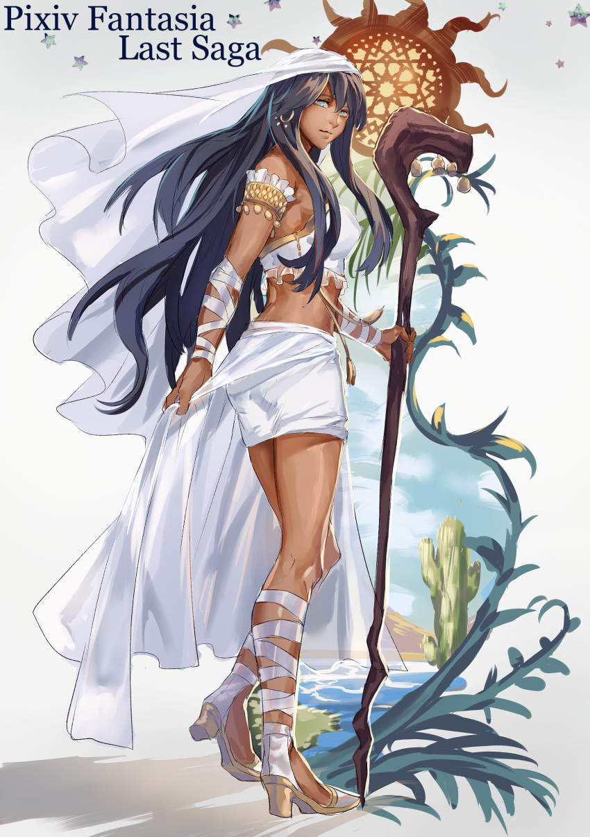 absurdres armband bandeau bell black_hair cactus dark_skin earrings full_body head_scarf high_heels highres jewelry julia_yit kneepits light_blue_eyes long_hair midriff original pixiv_fantasia pixiv_fantasia_last_saga sandals staff star_(symbol) waist_cape water