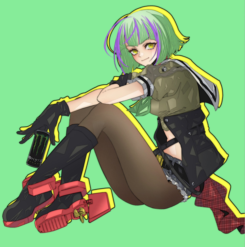 1girl anno88888 bangs black_gloves black_legwear bob_cut boots can closed_mouth cutoffs denim denim_shorts eyebrows_visible_through_hair gloves green_background green_hair green_neckwear highres holding holding_can inverted_bob kantai_collection monster_energy multicolored_hair neckerchief pantyhose purple_hair rudder_footwear sailor_collar short_hair short_shorts short_sleeves shorts simple_background sitting solo streaked_hair take_(kantai_collection) yellow_eyes